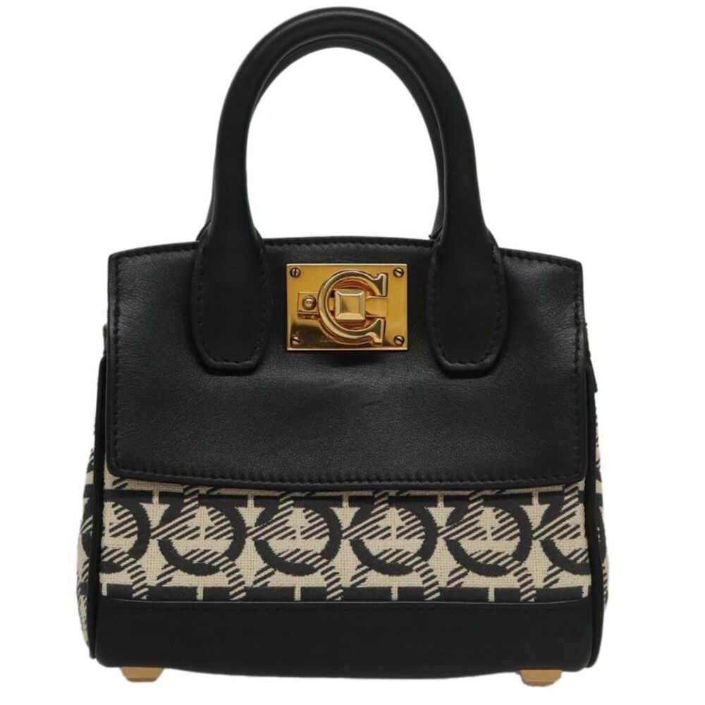 Salvatore Ferragamo Studio Satchel Gancini Jacquard And Leather Black Canvas